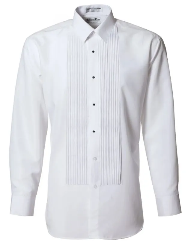 Men's White Slim Fit 1/4" Pleated Laydown Collar Tuxedo Shirt