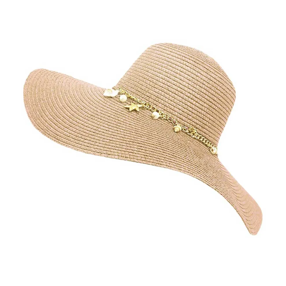 Pearl Starfish Shell Charm Band Pointed Straw Sun Hat