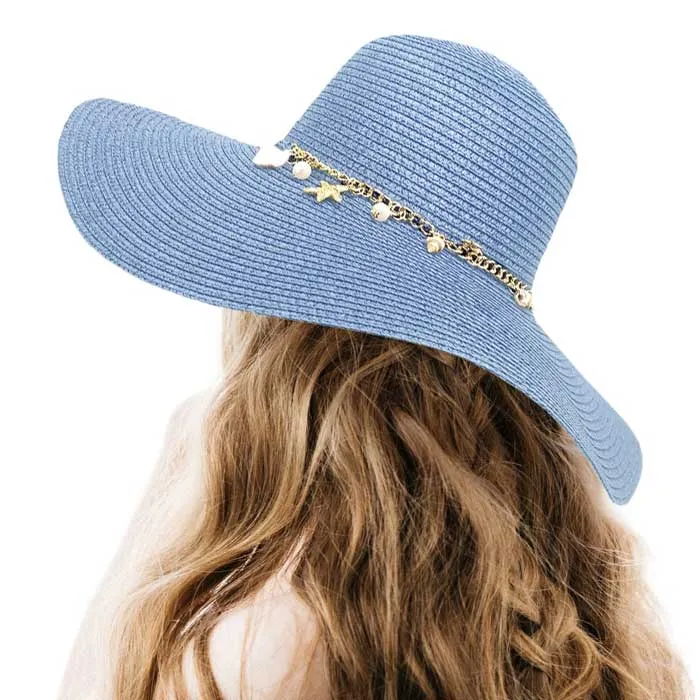 Pearl Starfish Shell Charm Band Pointed Straw Sun Hat