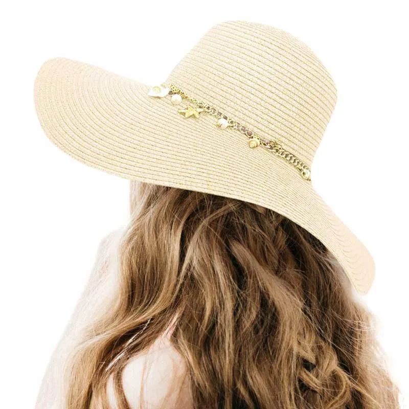 Pearl Starfish Shell Charm Band Pointed Straw Sun Hat