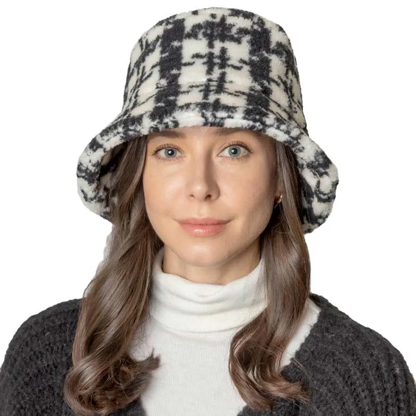 Plaid Check Patterned Sherpa Bucket Hat