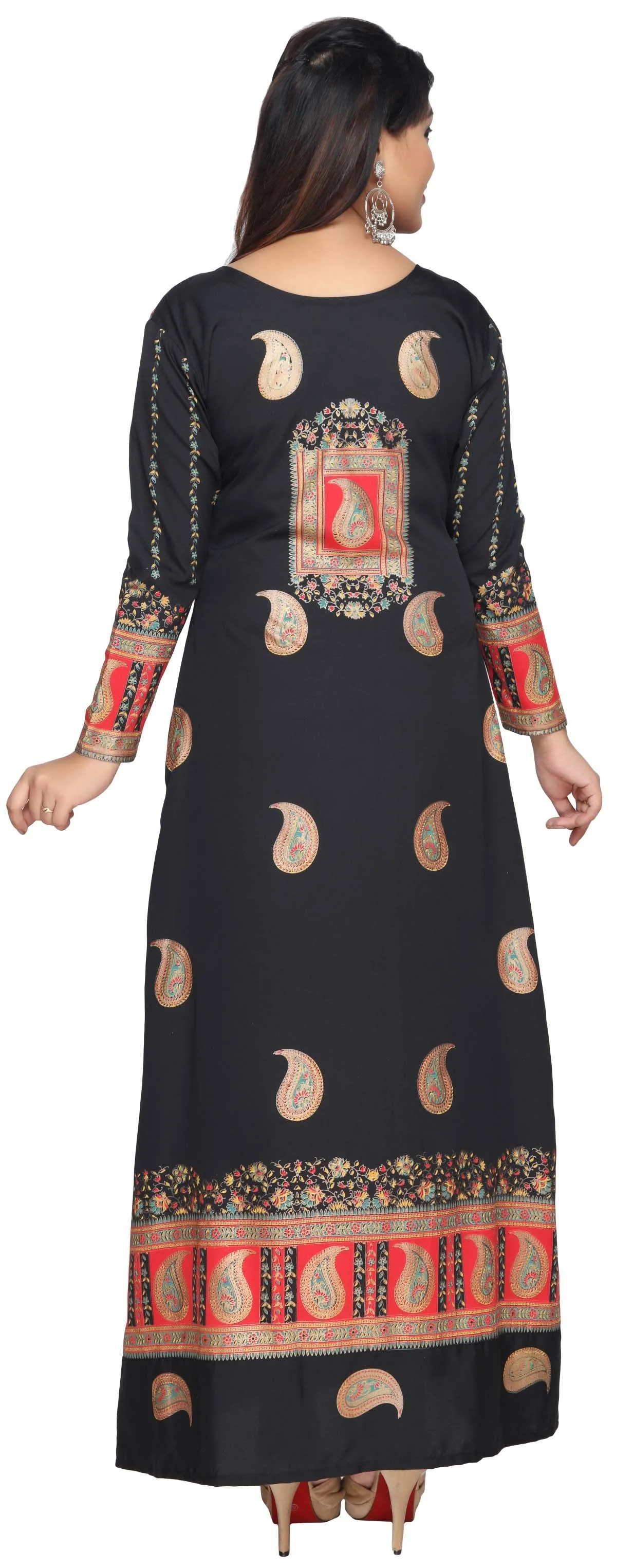 Printed Long Sleeve Kaftan Tunic Long Maxi Dress Women's Abayas (Black)