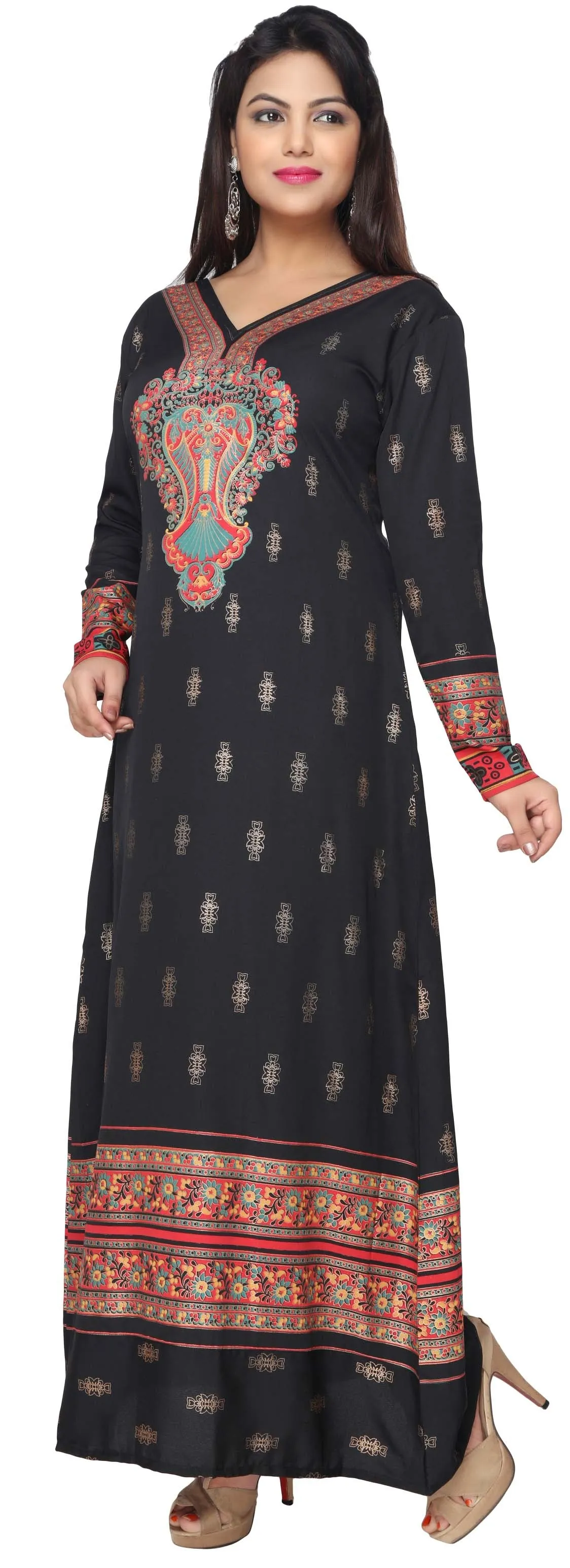 Printed Women's Caftan Long Evening Maxi Dress (Black)