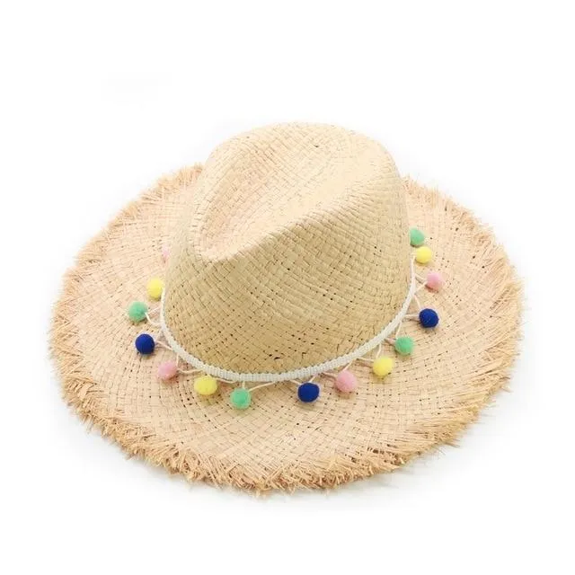 Raffia Panama Hat with Colorful Pompom Tassel Belt