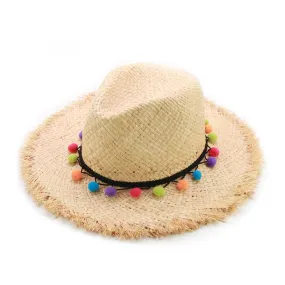 Raffia Panama Hat with Colorful Pompom Tassel Belt