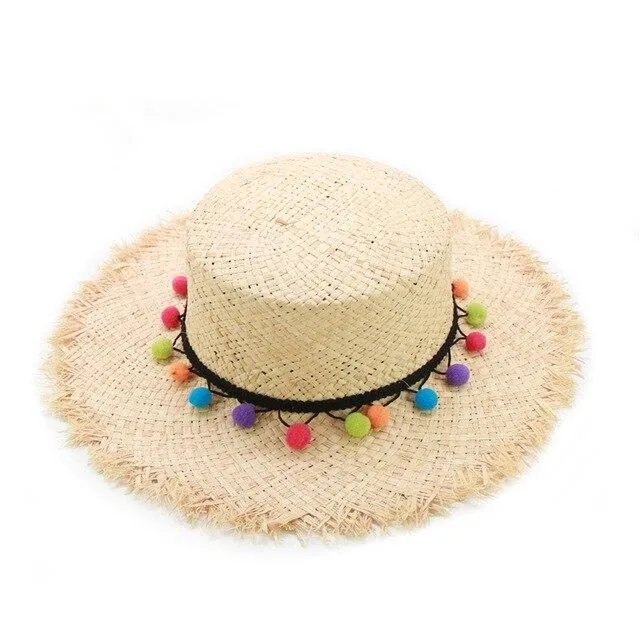 Raffia Panama Hat with Colorful Pompom Tassel Belt