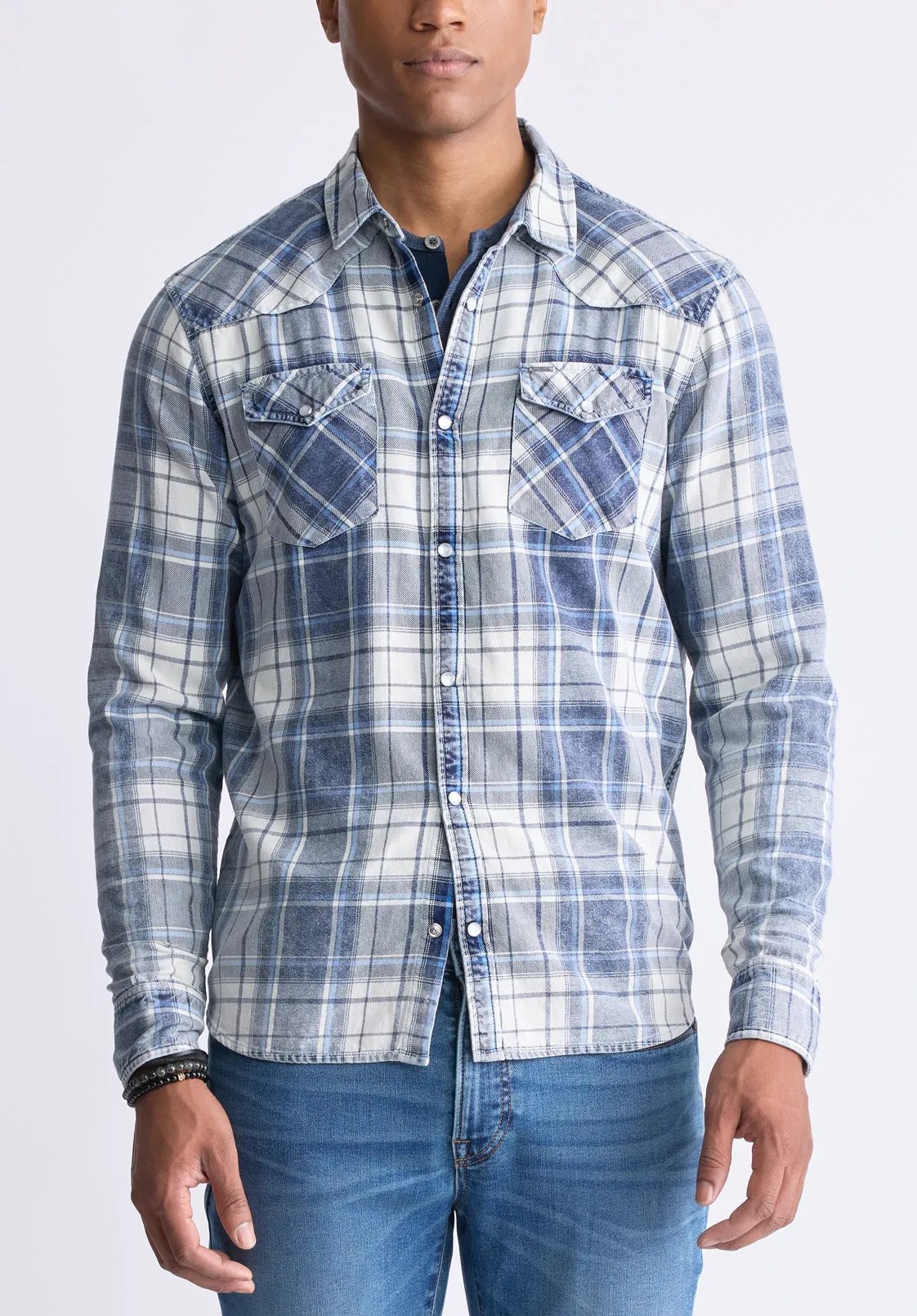 Sierra Men's Long-Sleeve Plaid Shirt, White & Mirage Blue - BM24465