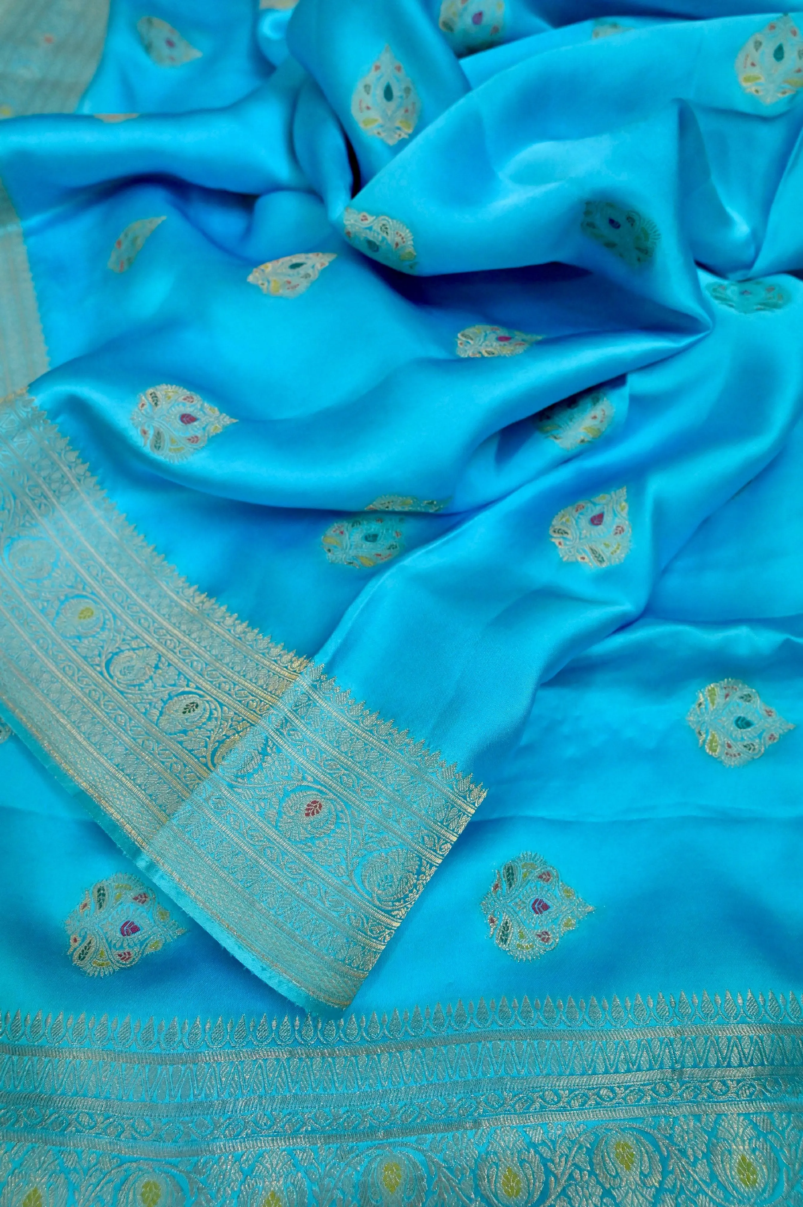 Sky Blue Color Mashru Banarasi Saree with Meenakari Butta Work