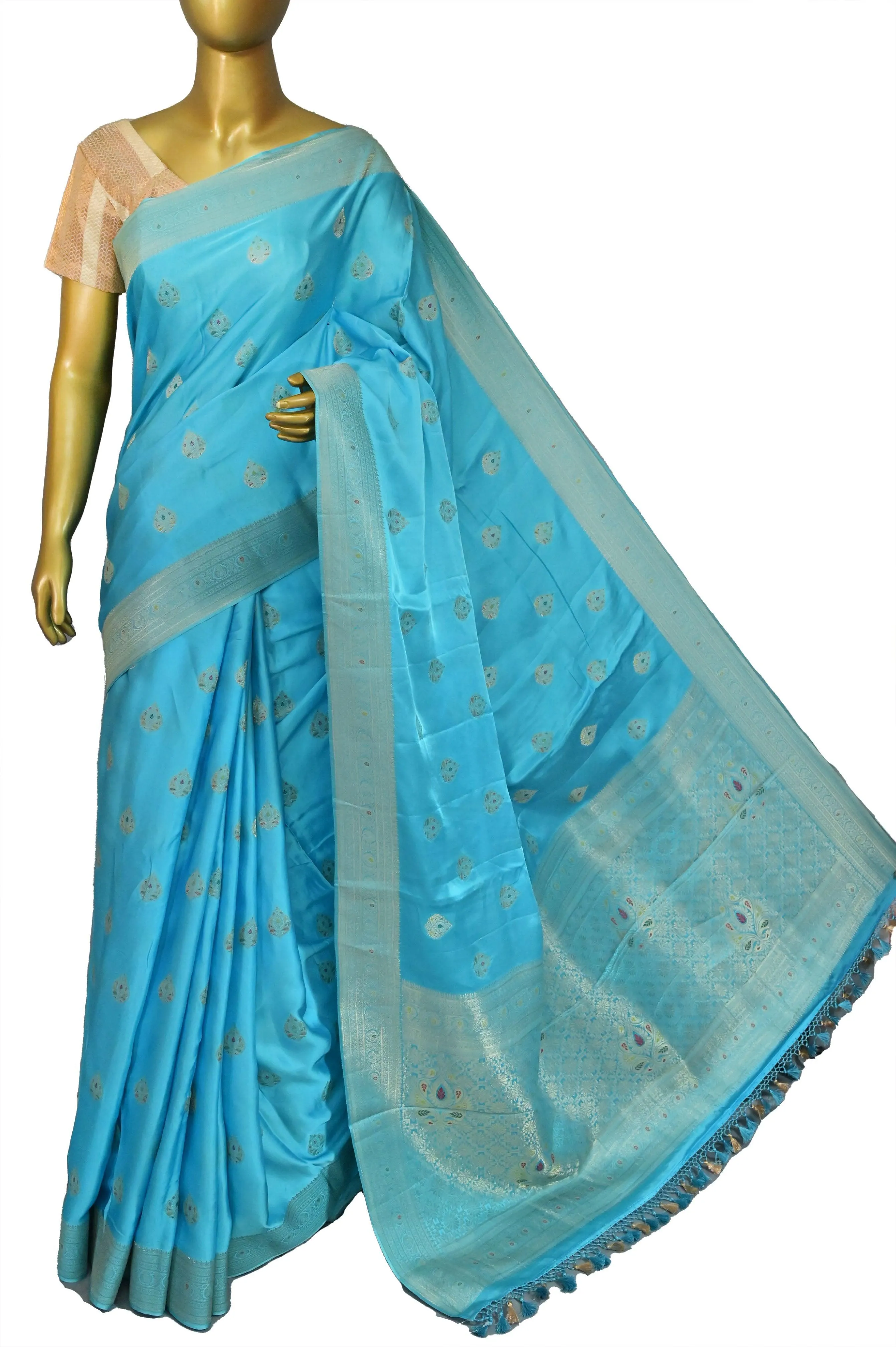 Sky Blue Color Mashru Banarasi Saree with Meenakari Butta Work