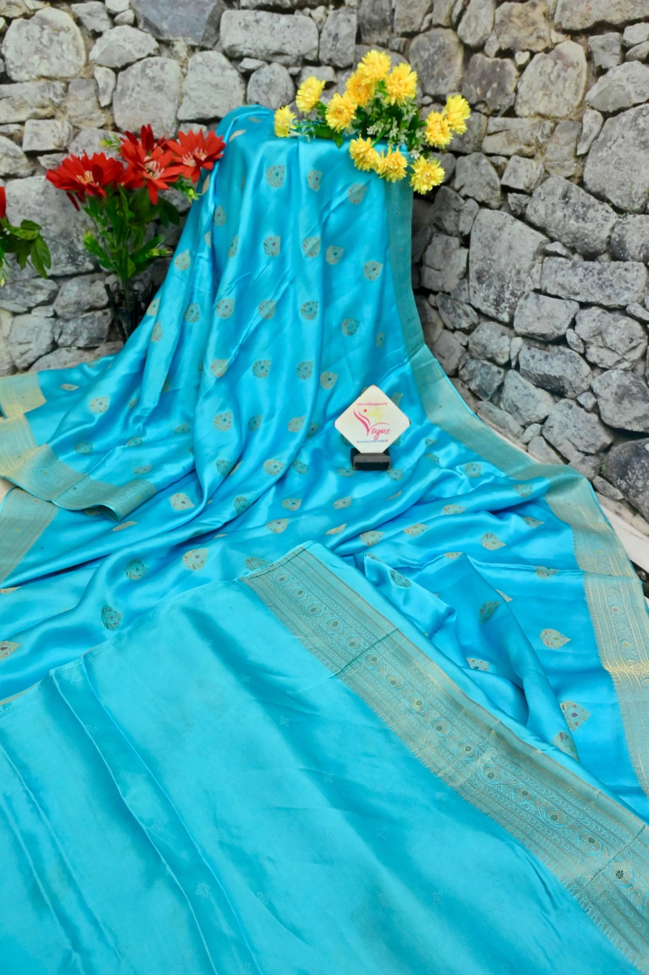 Sky Blue Color Mashru Banarasi Saree with Meenakari Butta Work