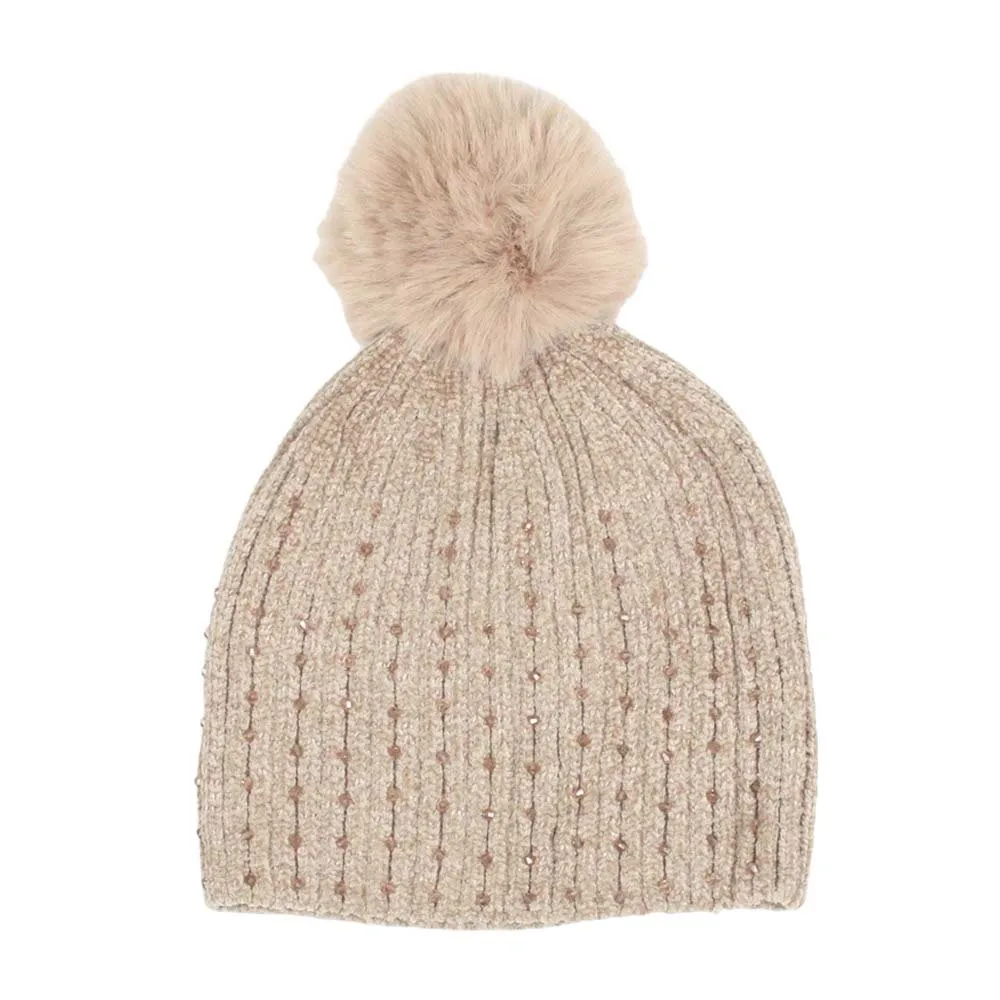 Stone Embellished Chenille Pom Pom Beanie Hat