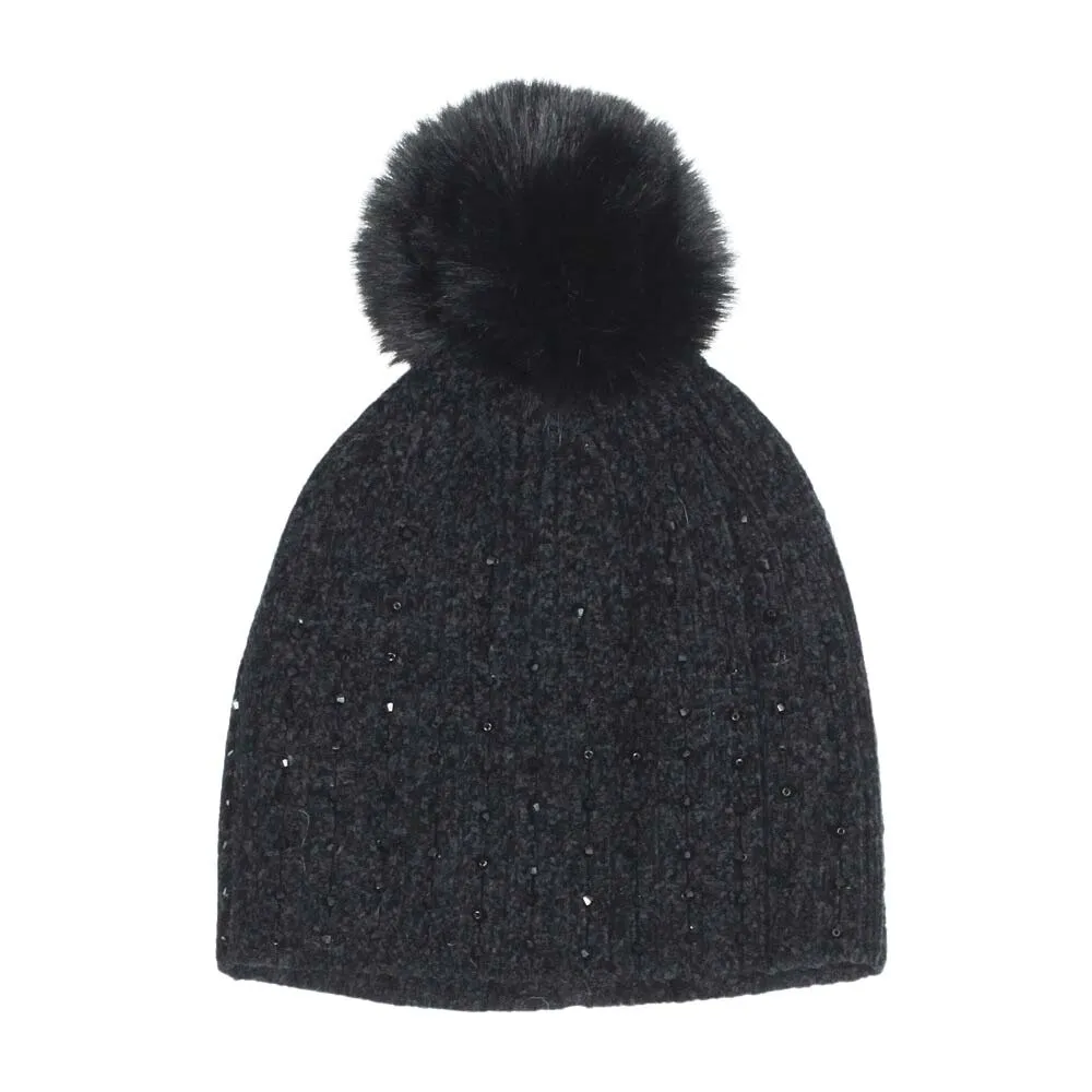 Stone Embellished Chenille Pom Pom Beanie Hat