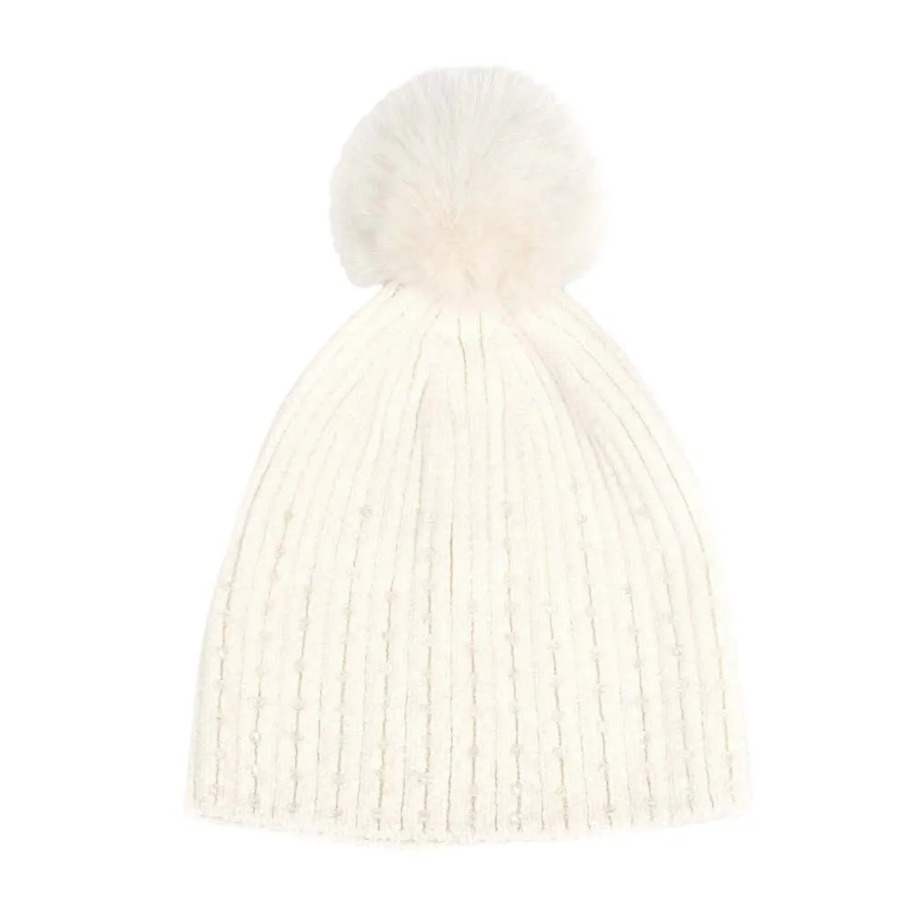 Stone Embellished Chenille Pom Pom Beanie Hat