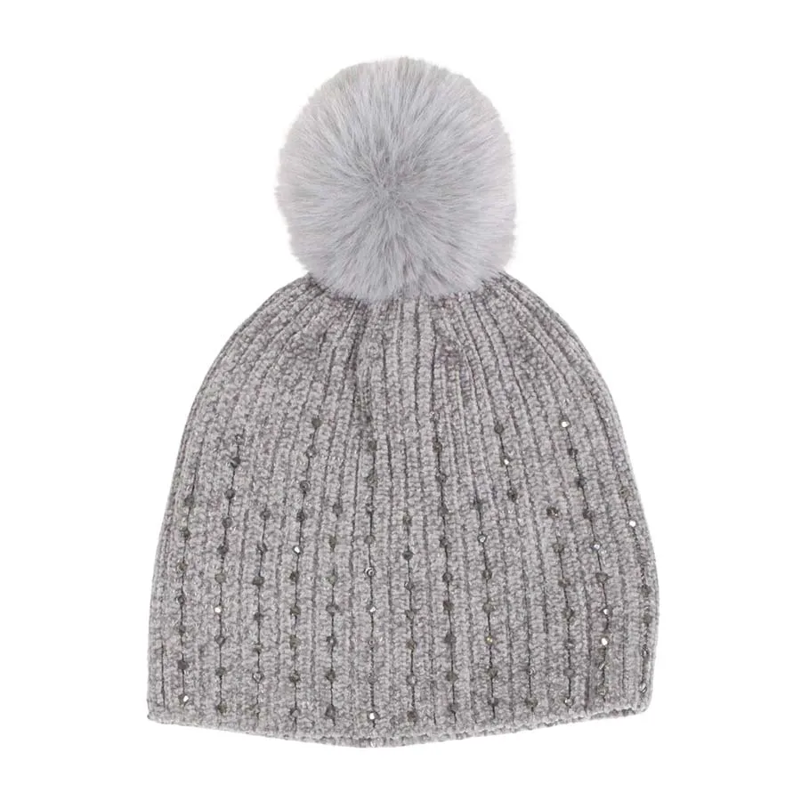 Stone Embellished Chenille Pom Pom Beanie Hat