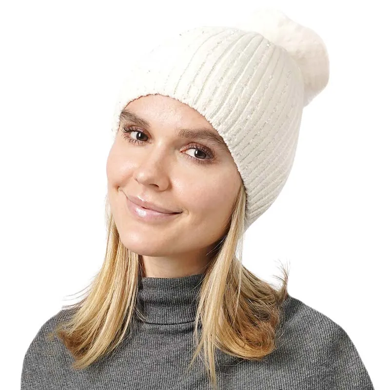 Stone Embellished Chenille Pom Pom Beanie Hat