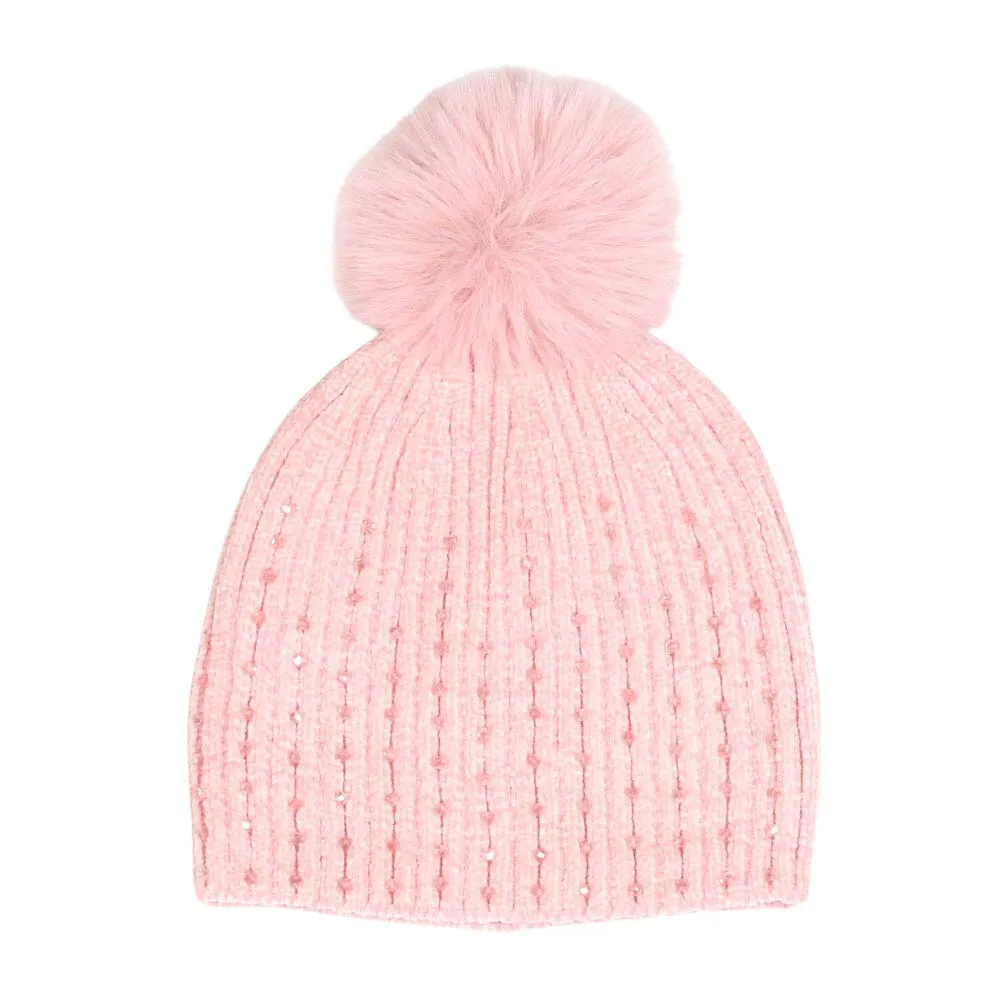 Stone Embellished Chenille Pom Pom Beanie Hat