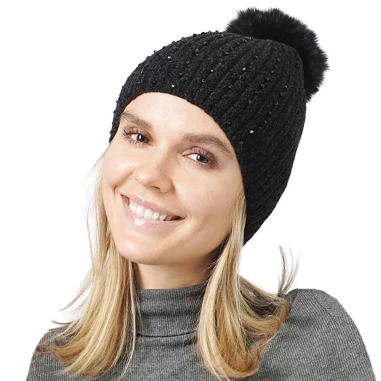 Stone Embellished Chenille Pom Pom Beanie Hat