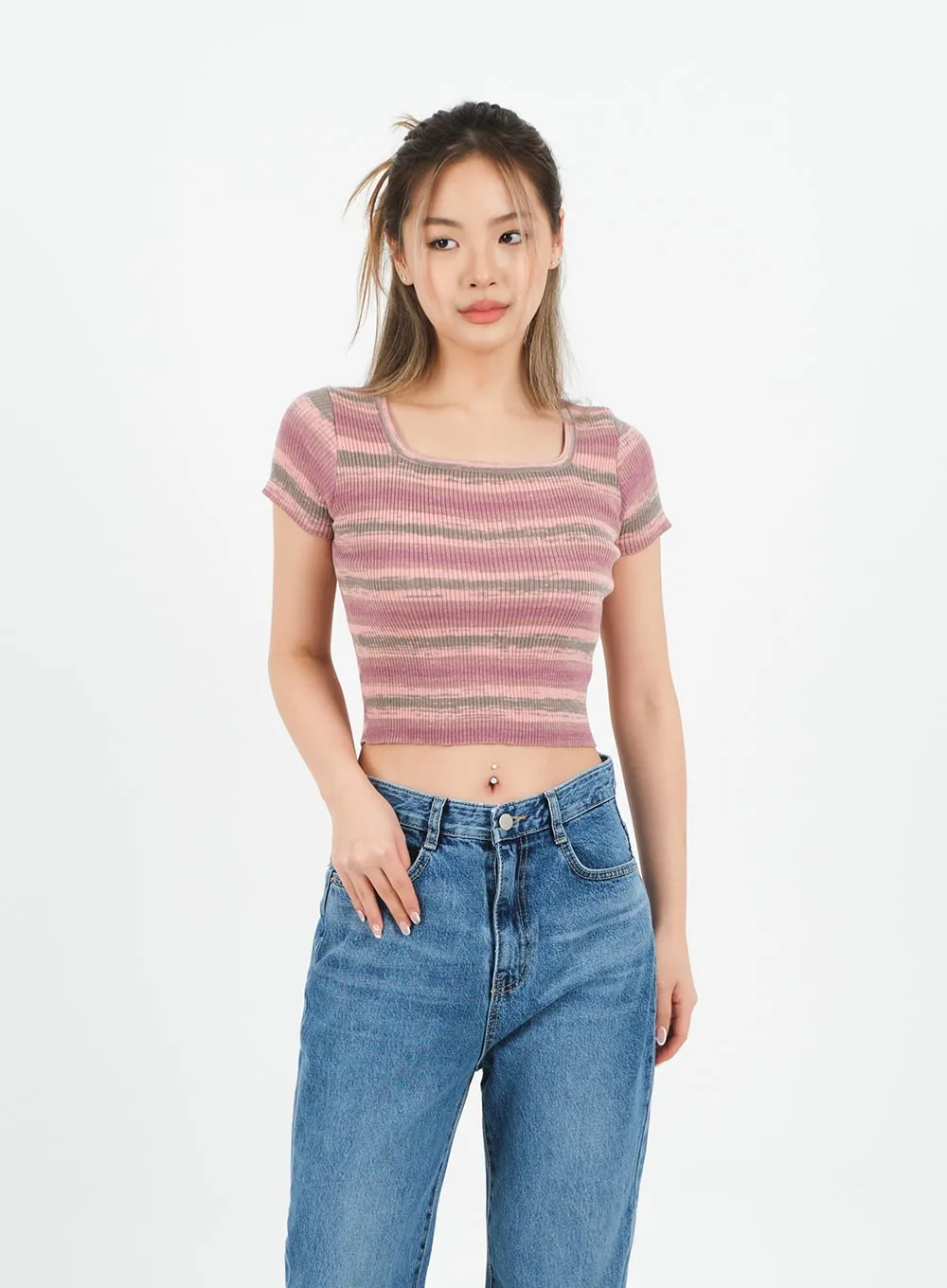 Striped Square Neck Cropped T-shirt CA15