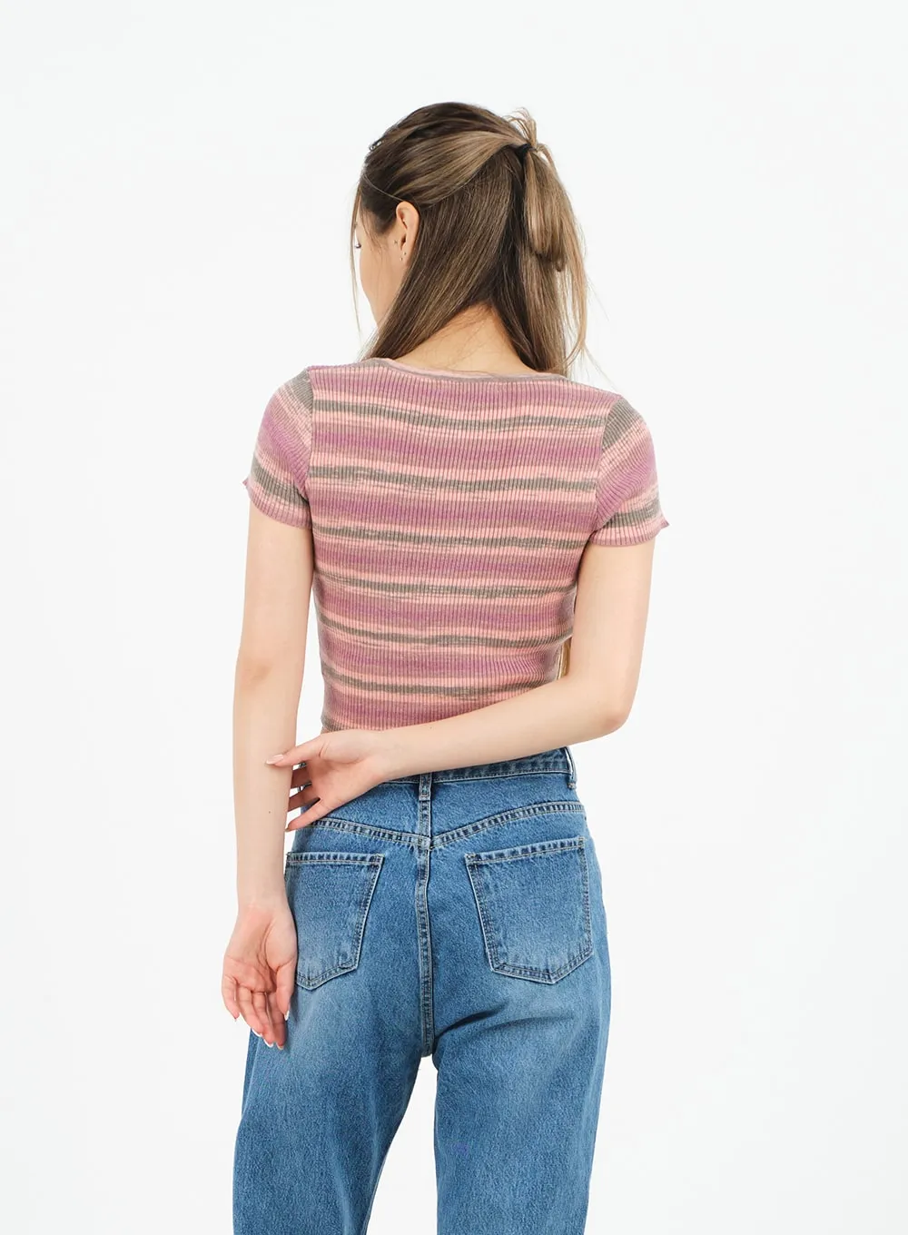 Striped Square Neck Cropped T-shirt CA15