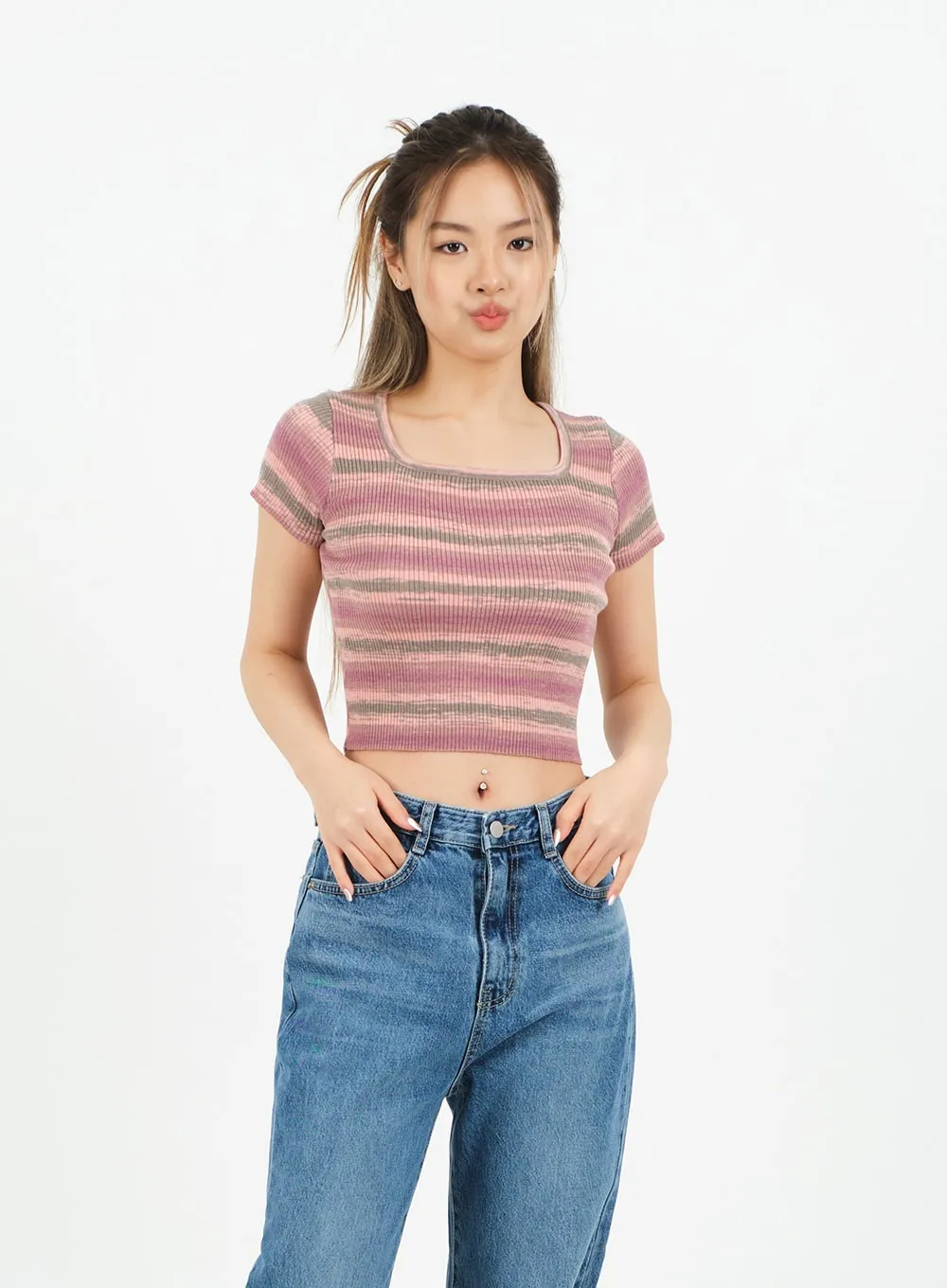 Striped Square Neck Cropped T-shirt CA15