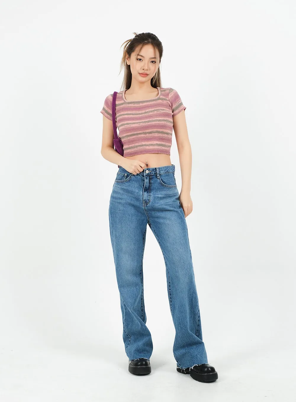 Striped Square Neck Cropped T-shirt CA15