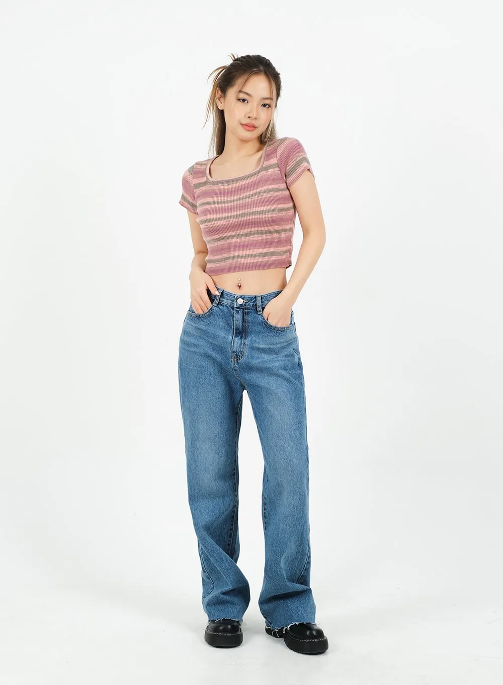 Striped Square Neck Cropped T-shirt CA15