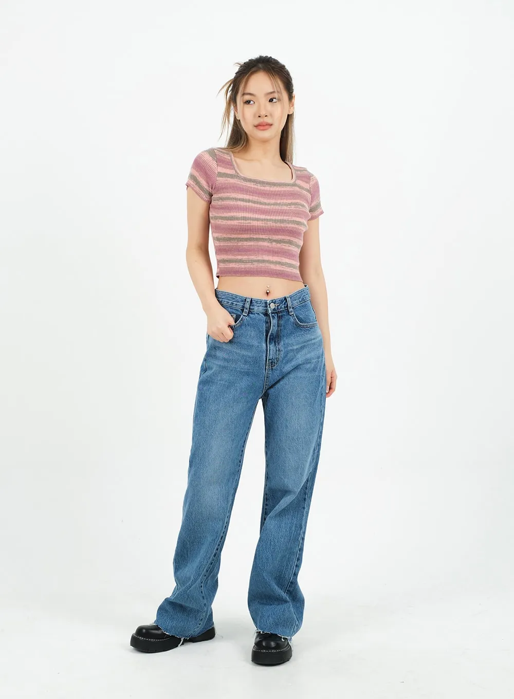 Striped Square Neck Cropped T-shirt CA15