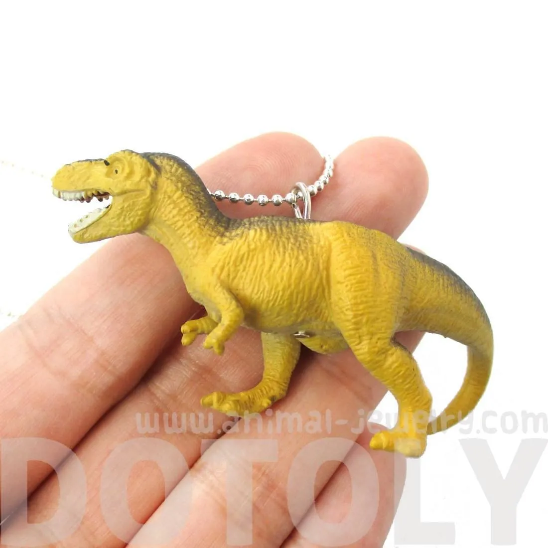 T-Rex Dinosaur Shaped Figurine Pendant Necklace in Yellow and Grey | Animal Jewelry