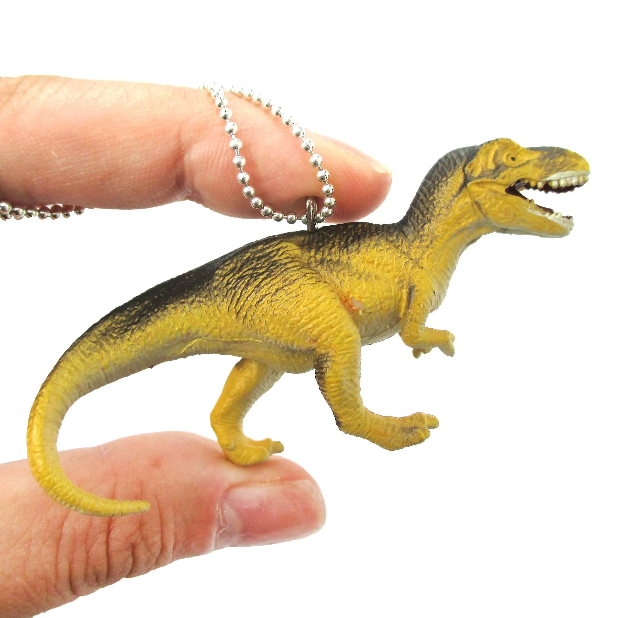 T-Rex Dinosaur Shaped Figurine Pendant Necklace in Yellow and Grey | Animal Jewelry