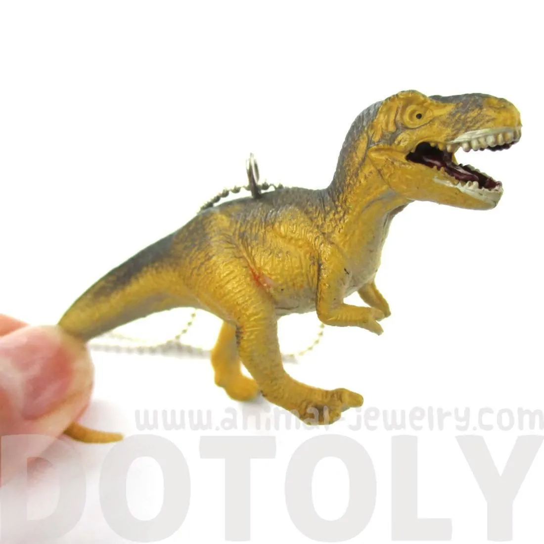 T-Rex Dinosaur Shaped Figurine Pendant Necklace in Yellow and Grey | Animal Jewelry