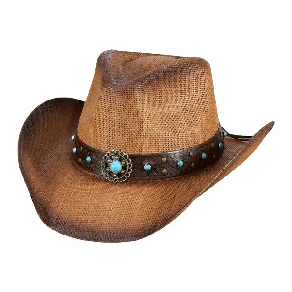 Turquoise Stone Western Flower Faux Leather Straw Cowboy Hat