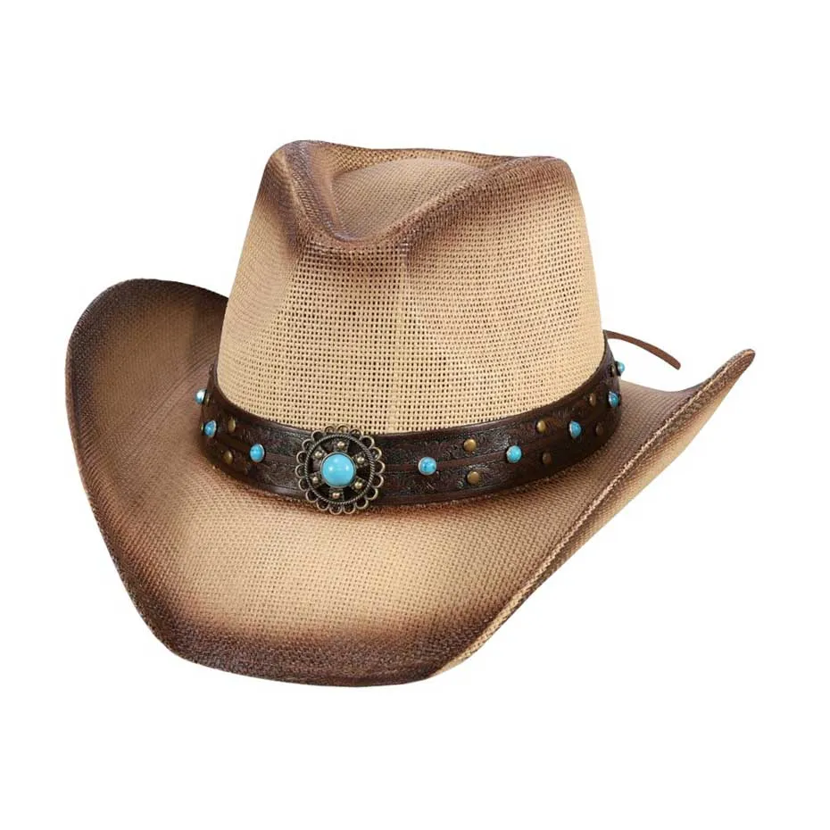 Turquoise Stone Western Flower Faux Leather Straw Cowboy Hat