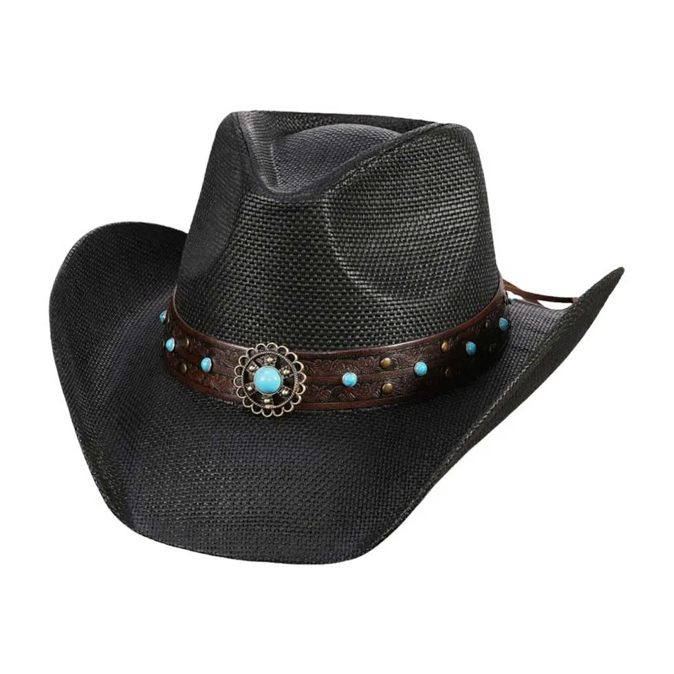 Turquoise Stone Western Flower Faux Leather Straw Cowboy Hat