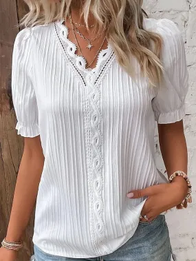 Vintage Lace Shirt Blouse for Women with Short Sleeves and V-Neck