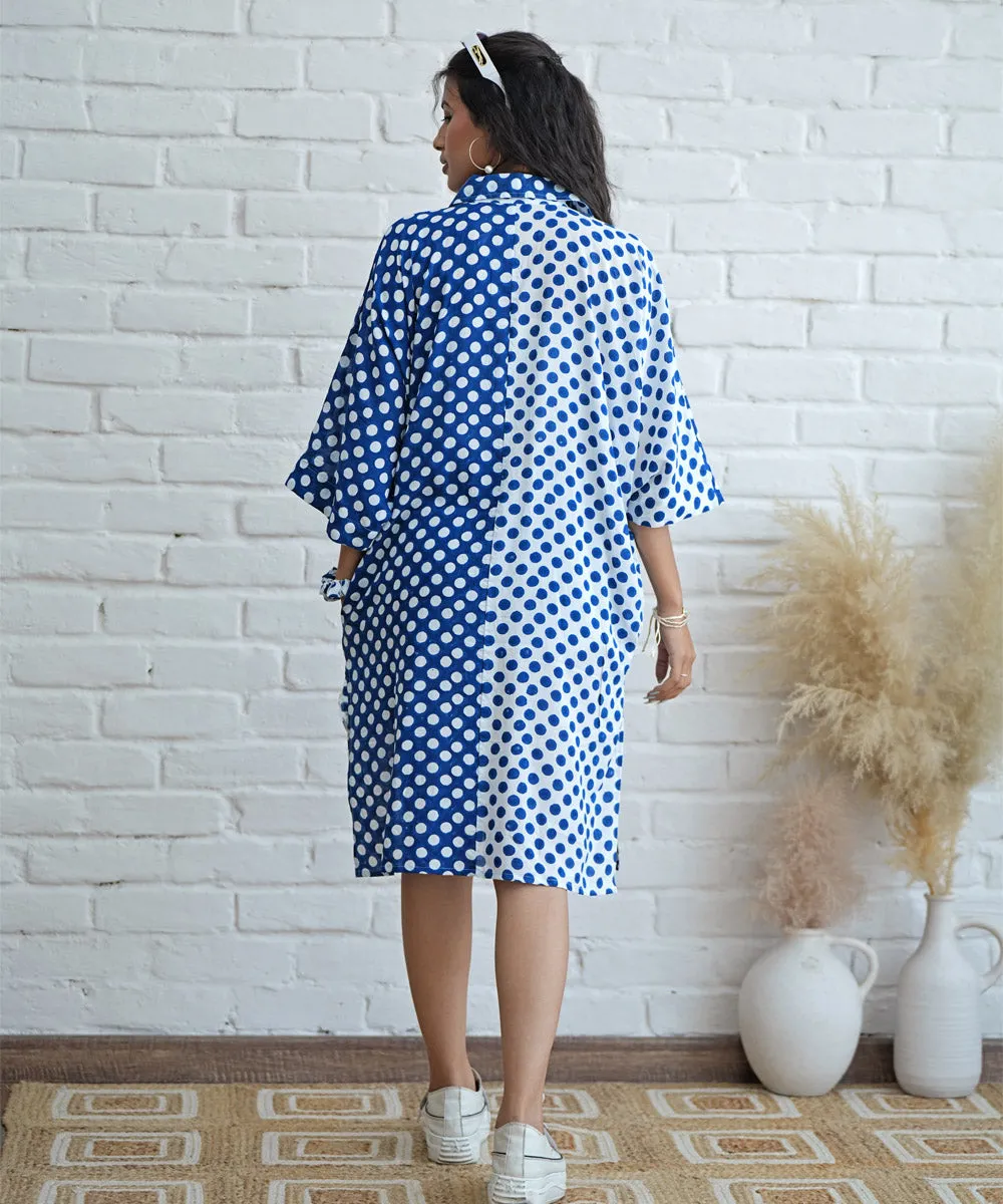 White blue polka dot handblock printed modal oversized shirt