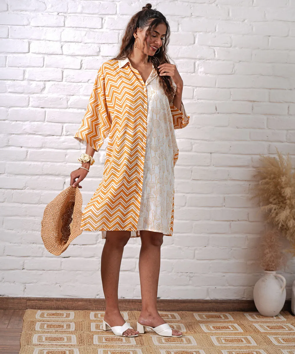 White yellow stripe zigzag handblock modal oversize shirt