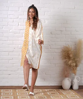 White yellow stripe zigzag handblock modal oversize shirt