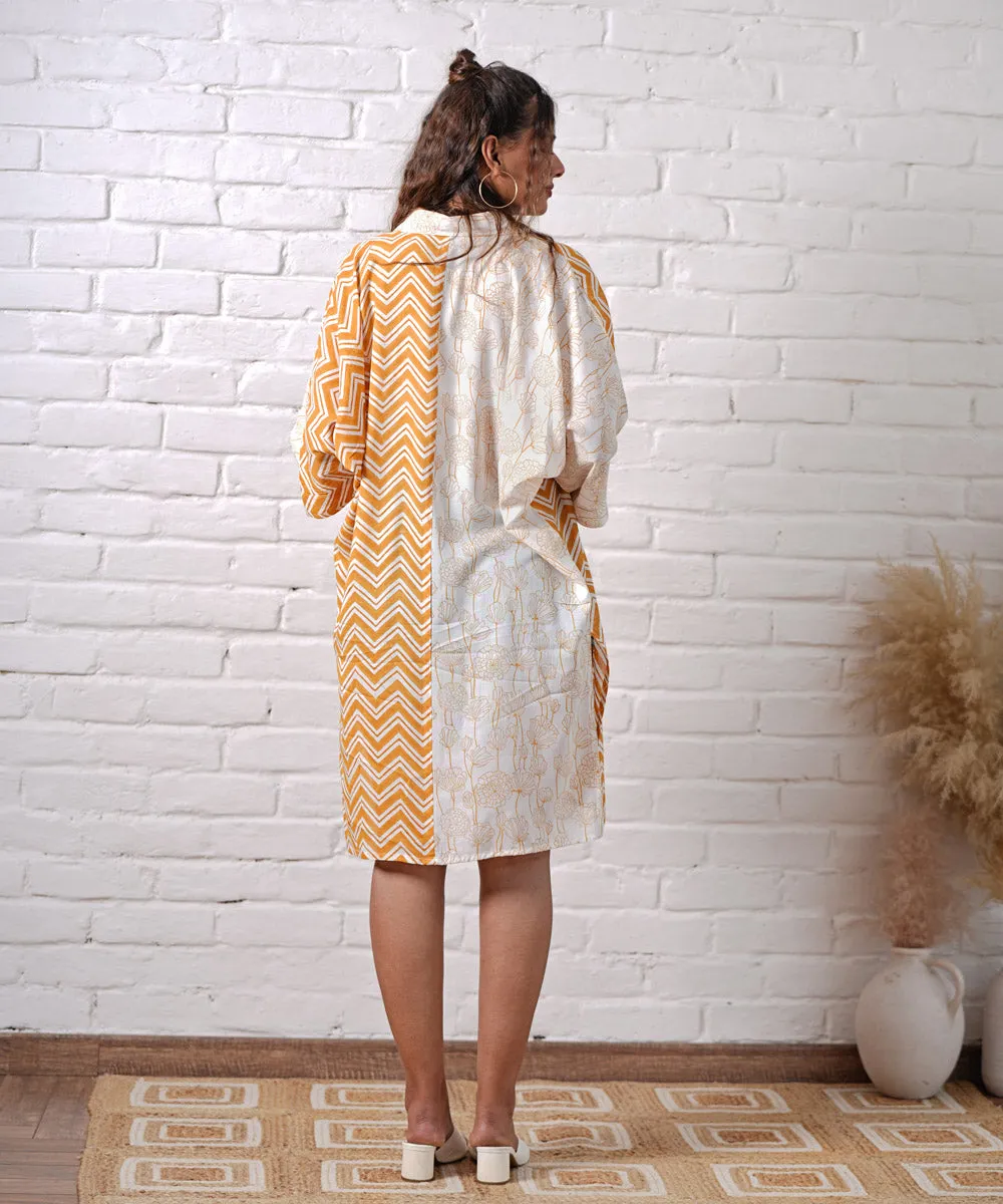 White yellow stripe zigzag handblock modal oversize shirt