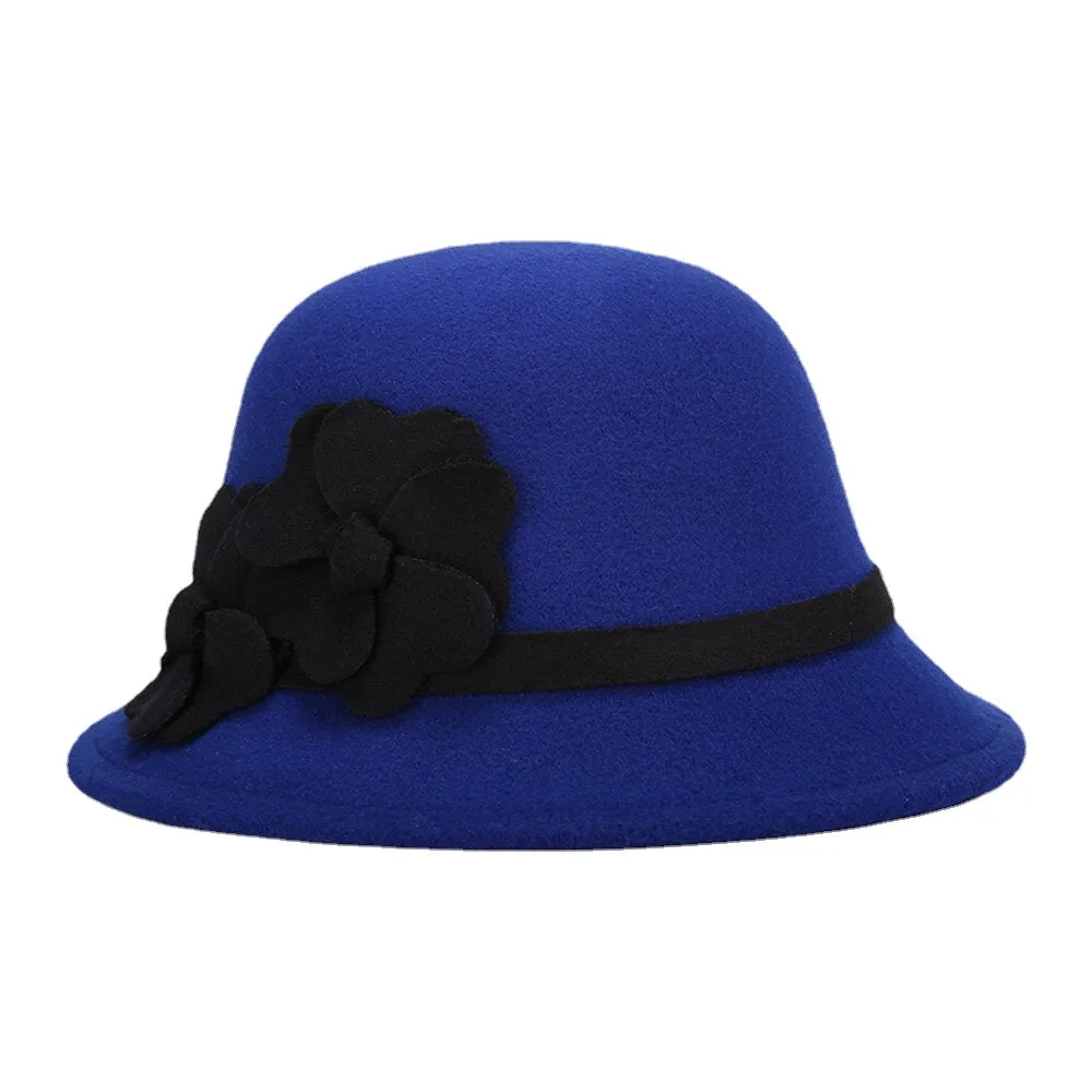 Women Artificial Wool Dome Short Brim Flower Decoration Felt Hat Bucket Hat Casual Autumn Winter Warm Top Hat