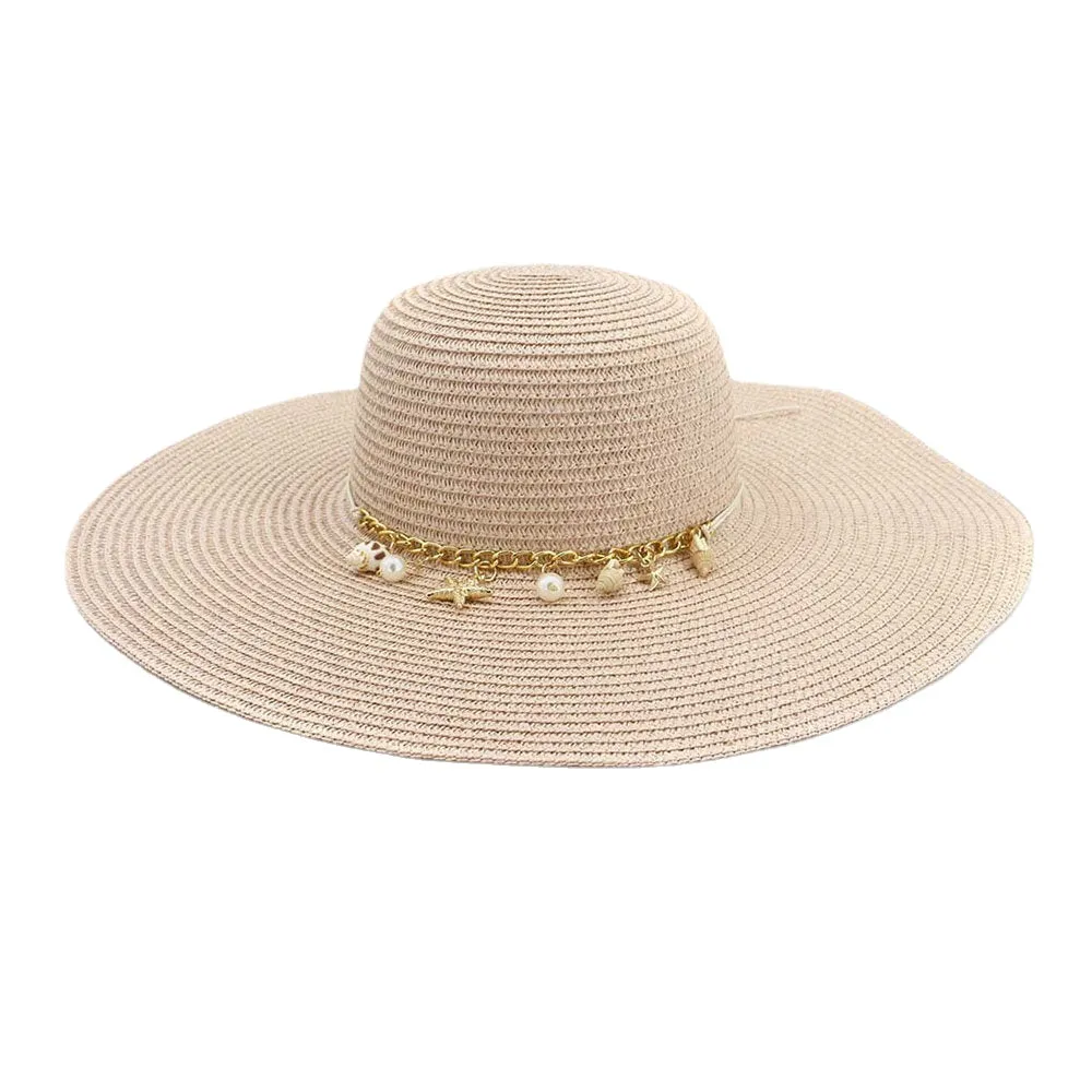 Women Sunscreen Vacation Beach Sun Hat Trinket Chain Decoration Elegant Stylish Straw Hat