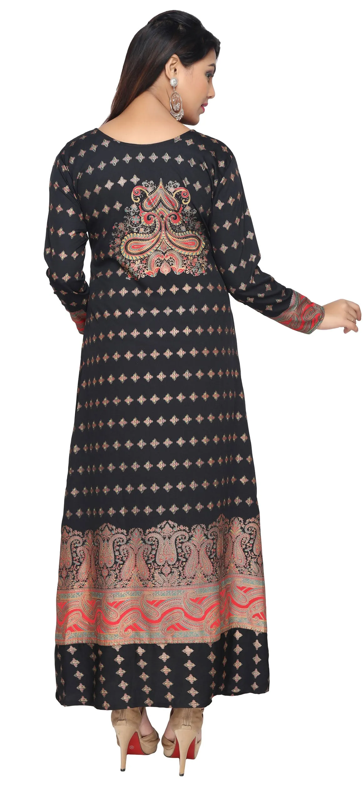 Women's Evening Printed Long Caftan Dress Abayas Kaftan (Black)