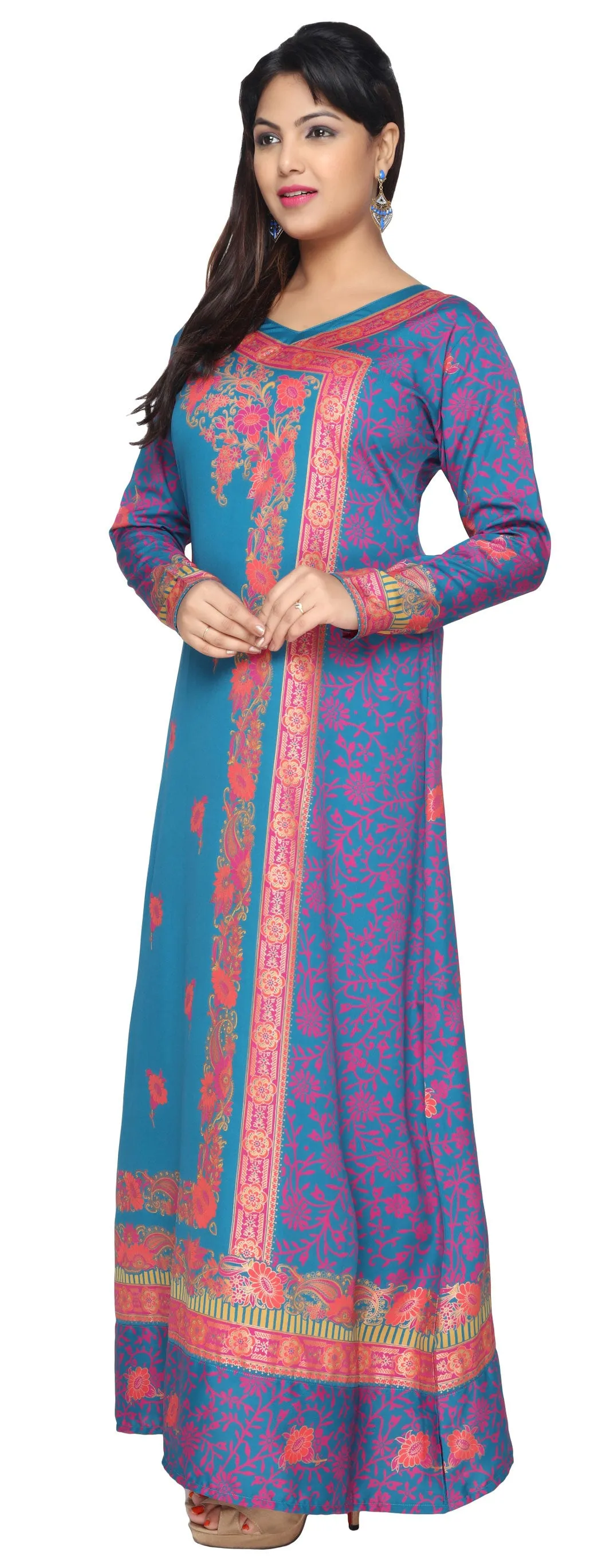 Womens Evening Printed Long Dress Abayas Kaftan (Blue)