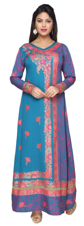 Womens Evening Printed Long Dress Abayas Kaftan (Blue)