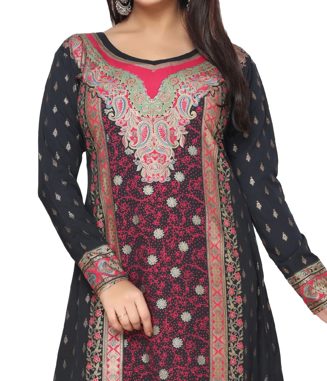 Womens Evening Printed Long Dress Kaftan (Black-Pink)