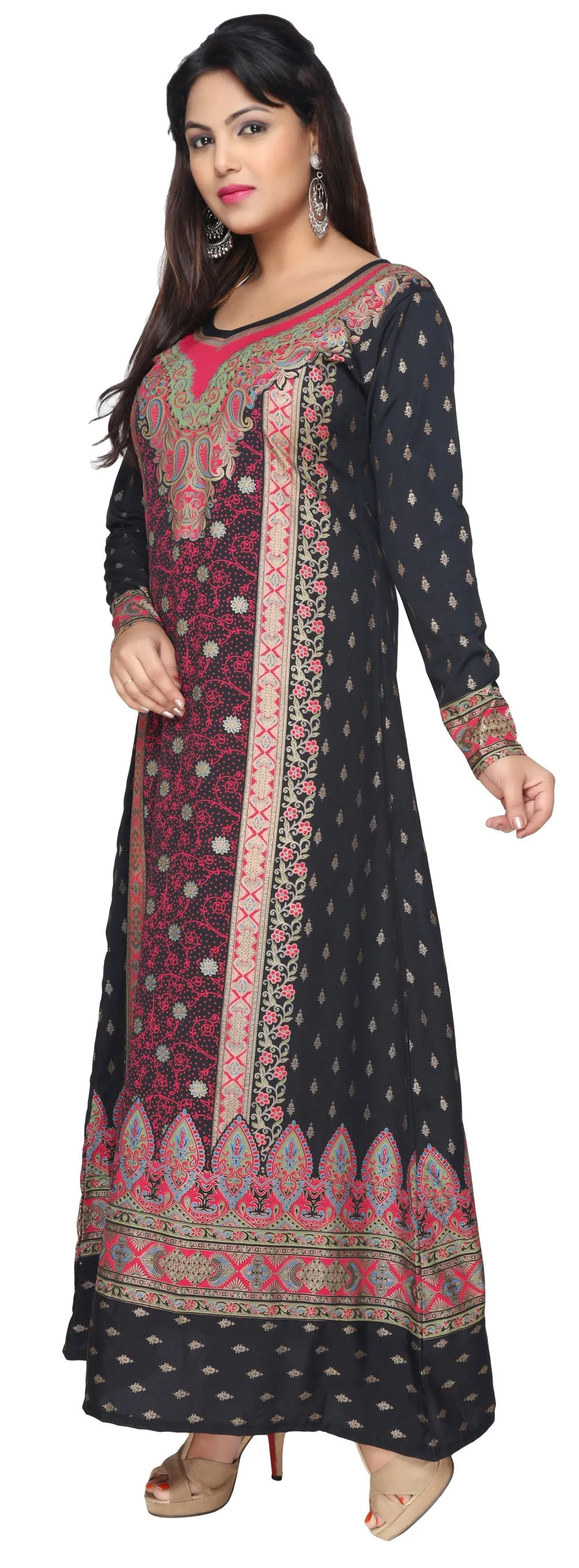 Womens Evening Printed Long Dress Kaftan (Black-Pink)