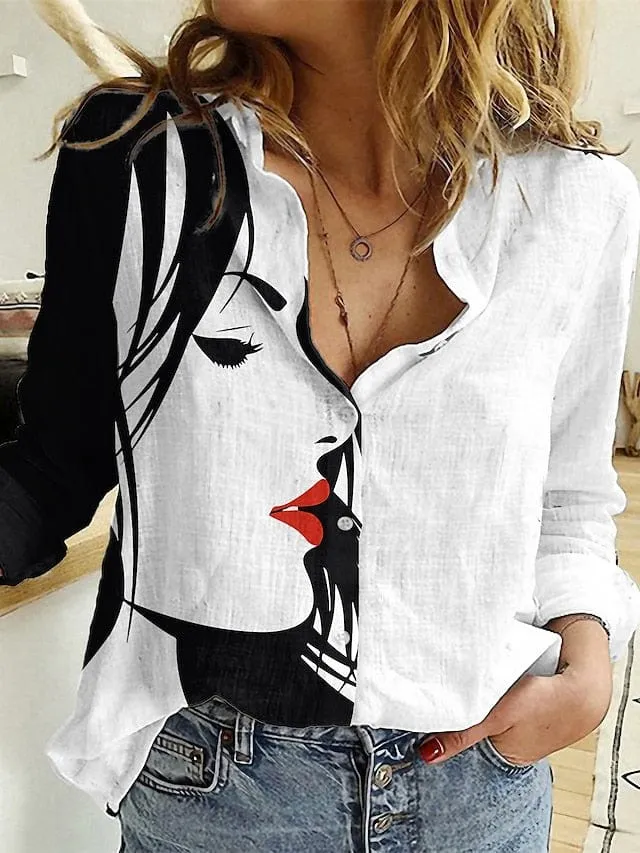 Women's White, Pink, and Blue Graphic Abstract Button-Up Shirt Blouse with Long Sleeves